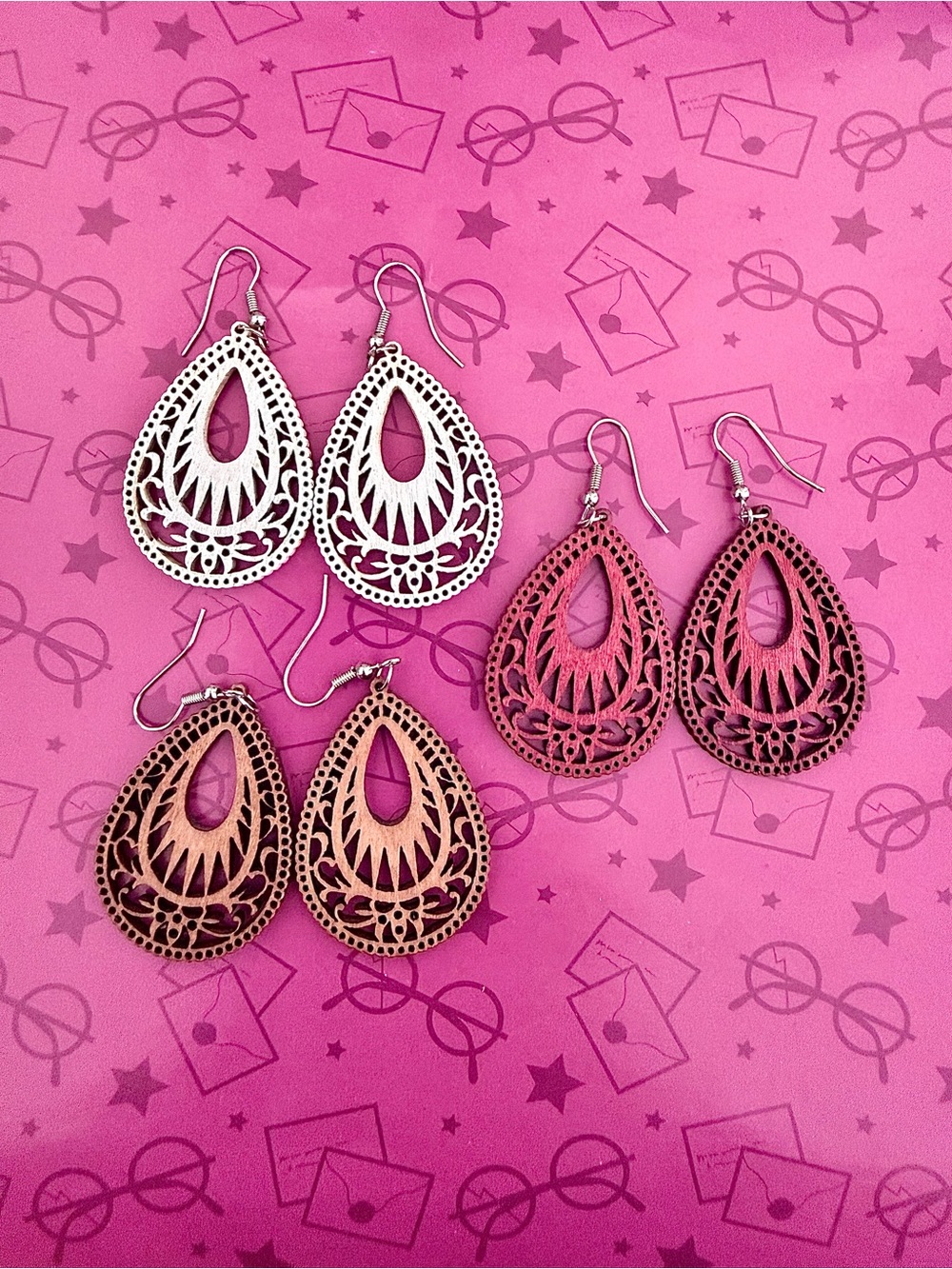 Set of 3 Wooden Laser-Cut Pierced Earrings